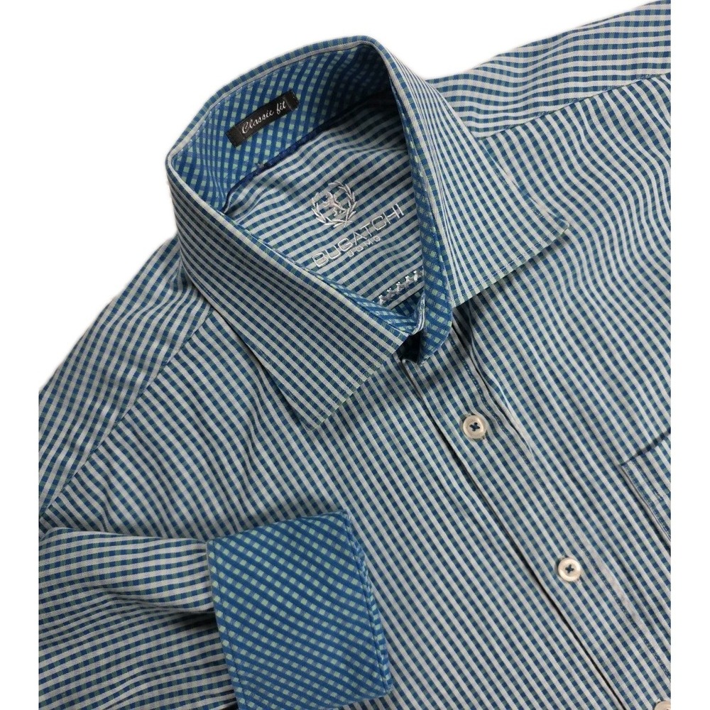 Bugatchi Shirt CLASSIC Fit Mens Blue WHITE Check Button Up Long Sleeve- READ